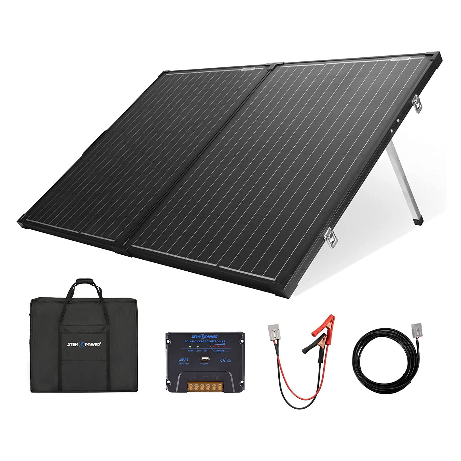 [US Direct] ATEM POWER VASPFOLD-FLES-2R-AP Panneau solaire monocristallin portable sans verre de 160 W équipé d'un contrôleur MPPT 20A adapté au camping en camping-car