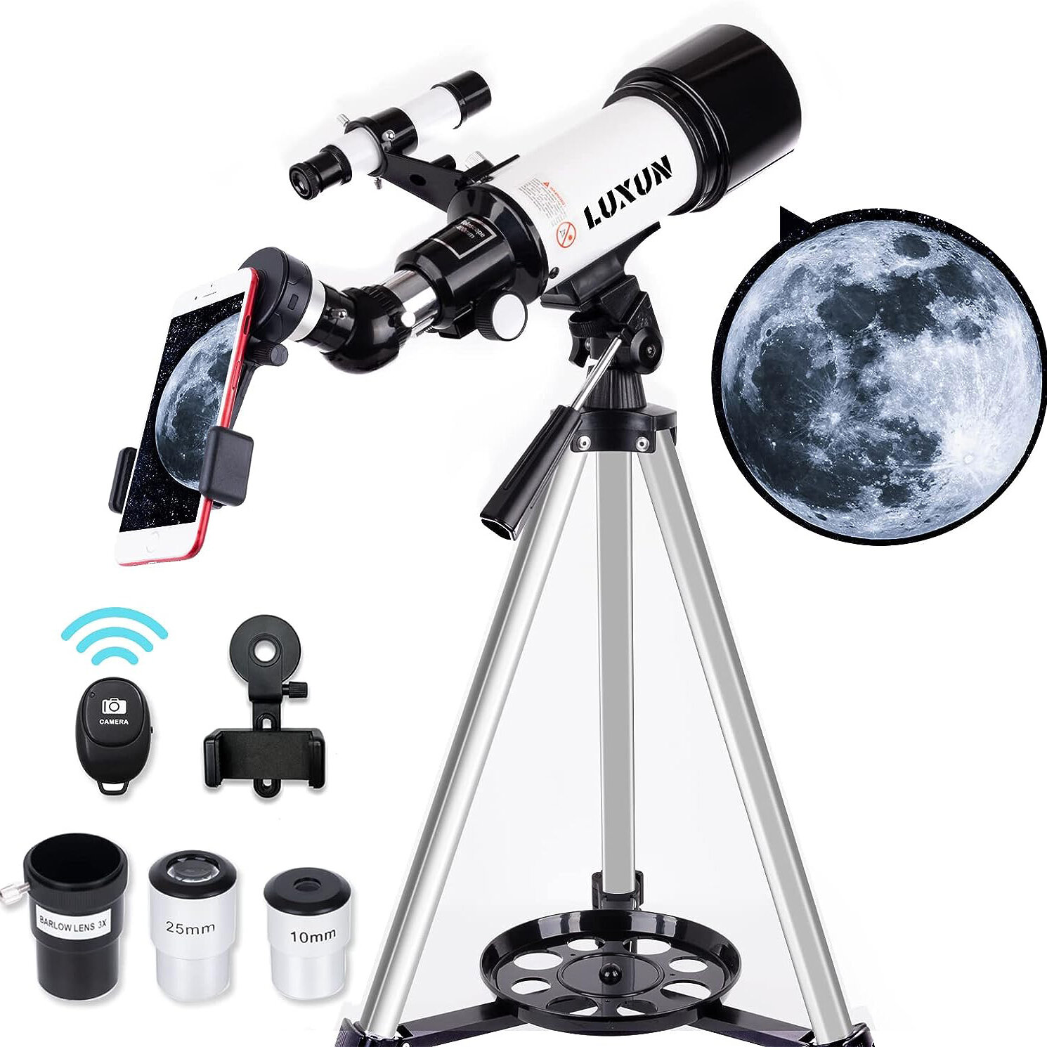 Télescope LUXUN pour débutants, enfants et adultes, ouverture de 70 mm, télescope réfracteur astronomique portable de 400 mm - Télescope de voyage avec adaptateur téléphone sans fil Bluetooth