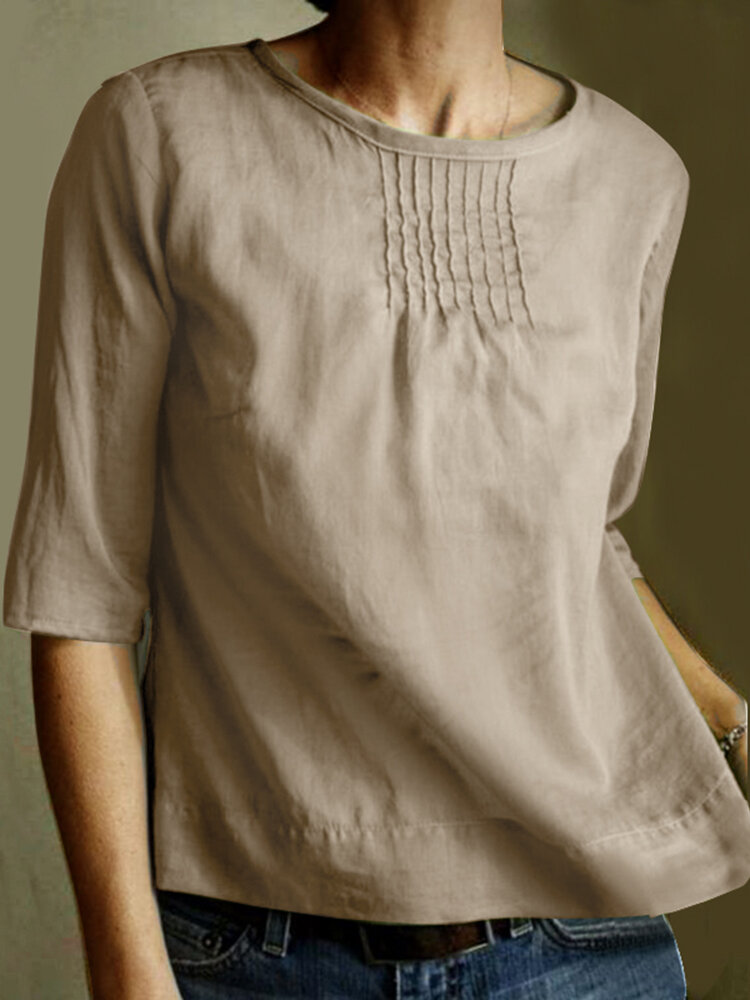 Half Sleeve Crew Neck Solid Casual Blouse