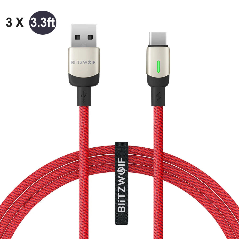 

[3 Pack] BlitzWolf® BW-TC21 3.3ft QC3.0 3A USB Type-C Cable LED Indicator Fast Charging Data For Mi10 Note 9S UMIDIGI A7