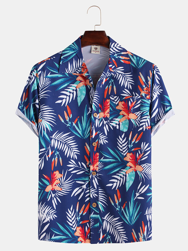 Heren Hawaiiaanse stijl Coco Leaf Flower Print ademende shirts met korte mouwen