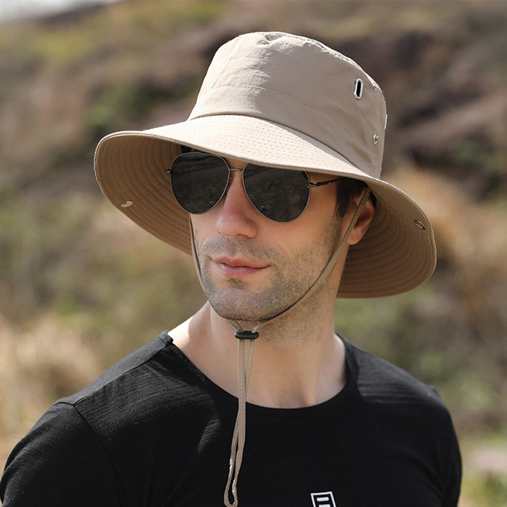 

Men Big Brim Windproof Rope Adjustable Sunshade Hat Dual-use Outdoor Fishing Mountaineering Anti-UV Bucket Hat