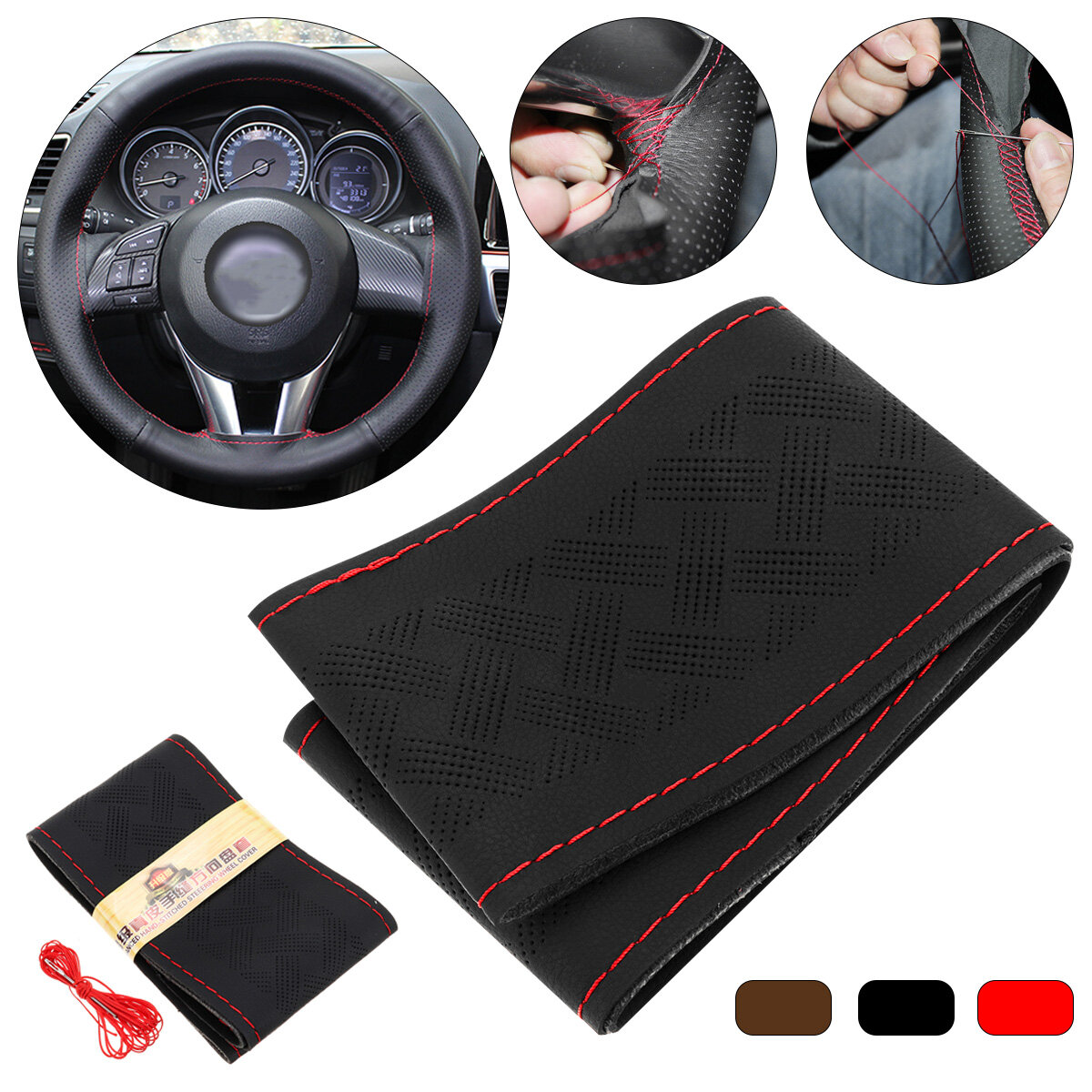 36/38cm Car Truck Leather Steering Wheel Cover + Needles Thread Multi-color