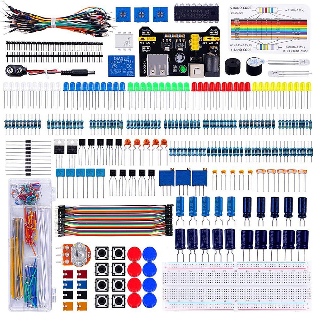 

Electronics Component Super Kit with Jumper wires Color Led Resistors Register Card Buzzer for Arduino