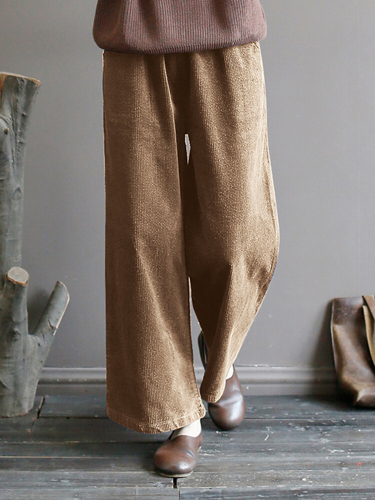Women Wide-legged Corduroy Solid Retro Pants with Side Pockets