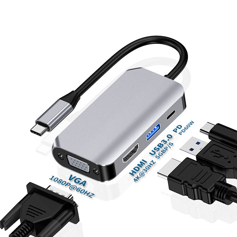 

Bakeey 4 in 1 Type-C Hub Docking Station Adapter with USB 3.0 / PD Fast Charger / HDMI / VGA for MacBook Smartphone Tele
