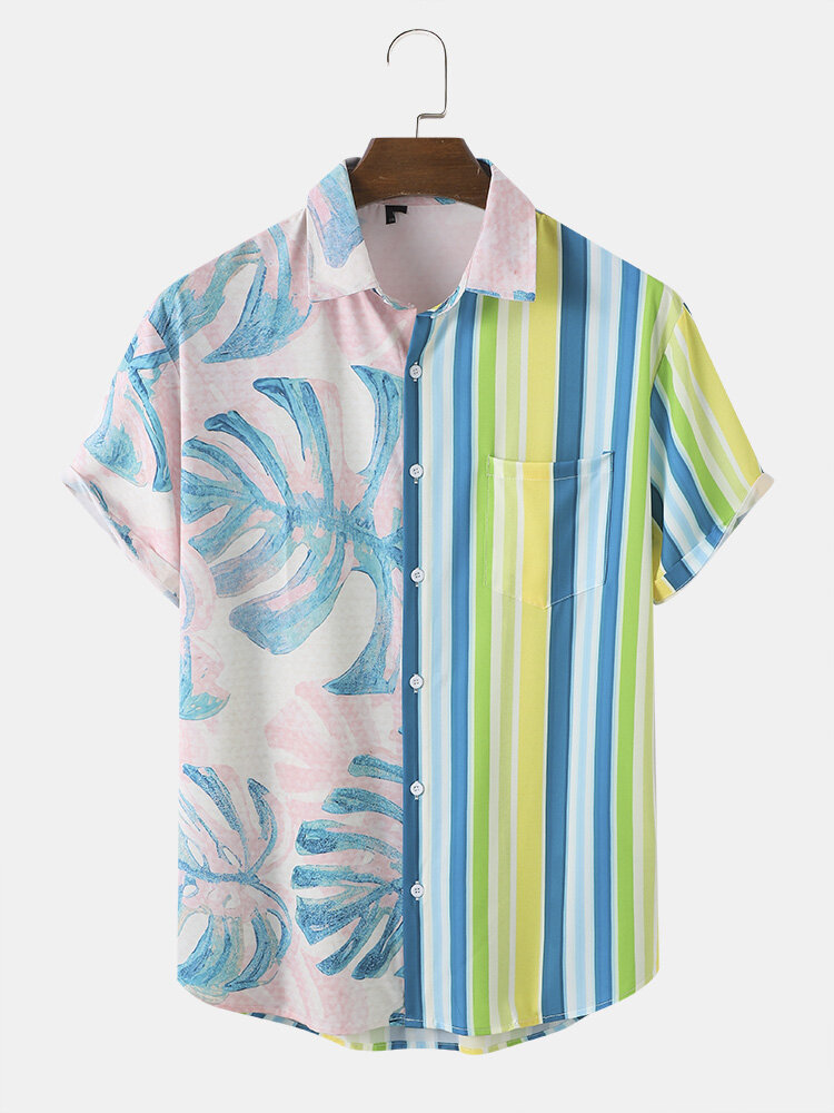 

Мужские дышащие рубашки с тропическим принтом Лист и полосатым двухцветным принтом с одним карманом Soft