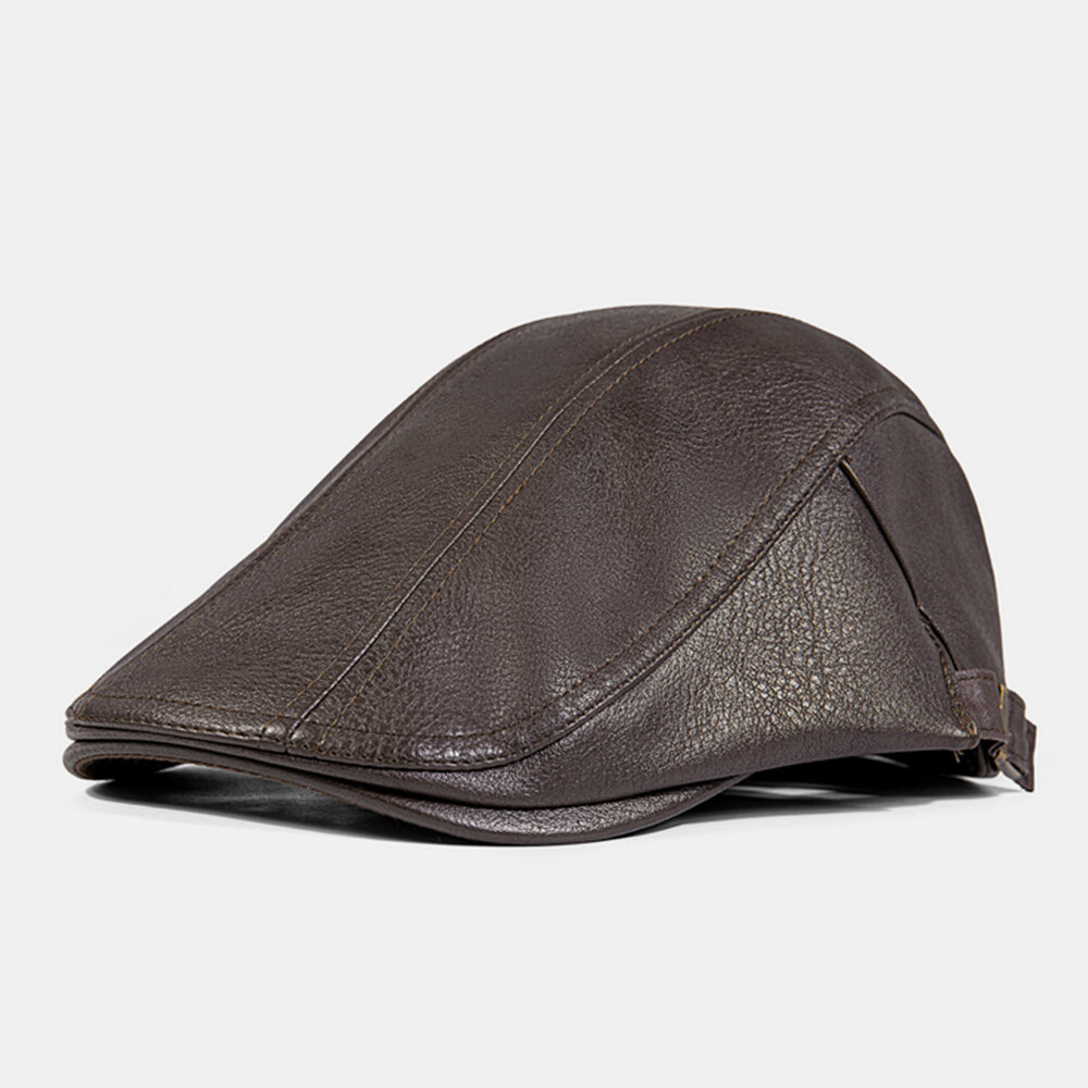 Men Octagonal Hat PU Leather Thicken Winter Warm Adjustable Berets Cabbie Hat