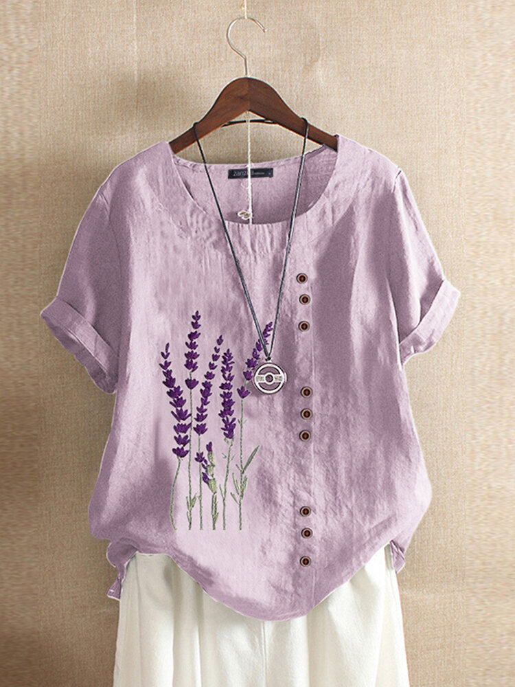 Floral Embroidery O-neck Short Sleeve Button Vintage T-shirts For Women