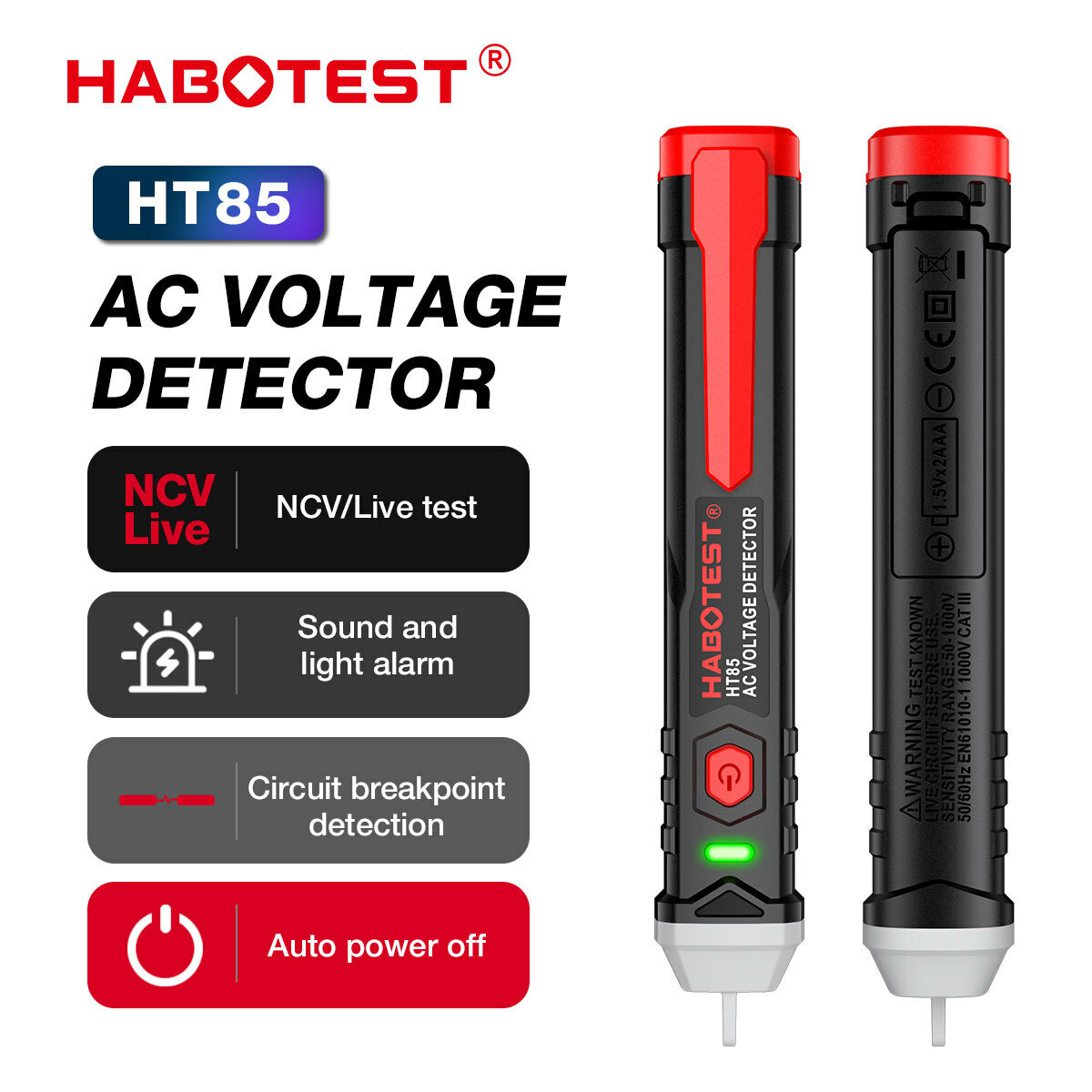 

HABOTEST HT85 AC Voltage Detector with Multiple Functions Sound Light Alarm Live Test Circuit Breakpoint Detection Insul