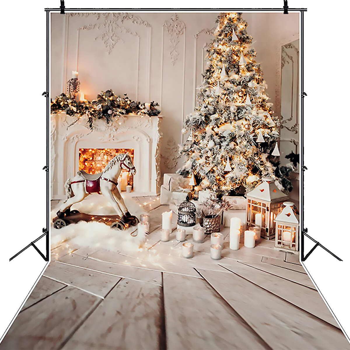 Gray Chic Wall Photo Background Fireplace Winter Christmas Tree Candle Gift Kid Toy Floor Party Phot