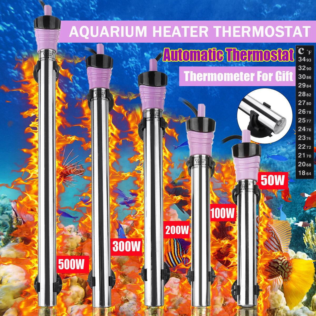 Met thermometer 220V roestvrijstalen tank vis verwarmingsstaaf aquarium automatische constante tempe