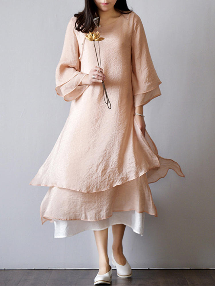 Vintage women cotton linen solid layer 3/4 sleeve dress Sale - Banggood ...