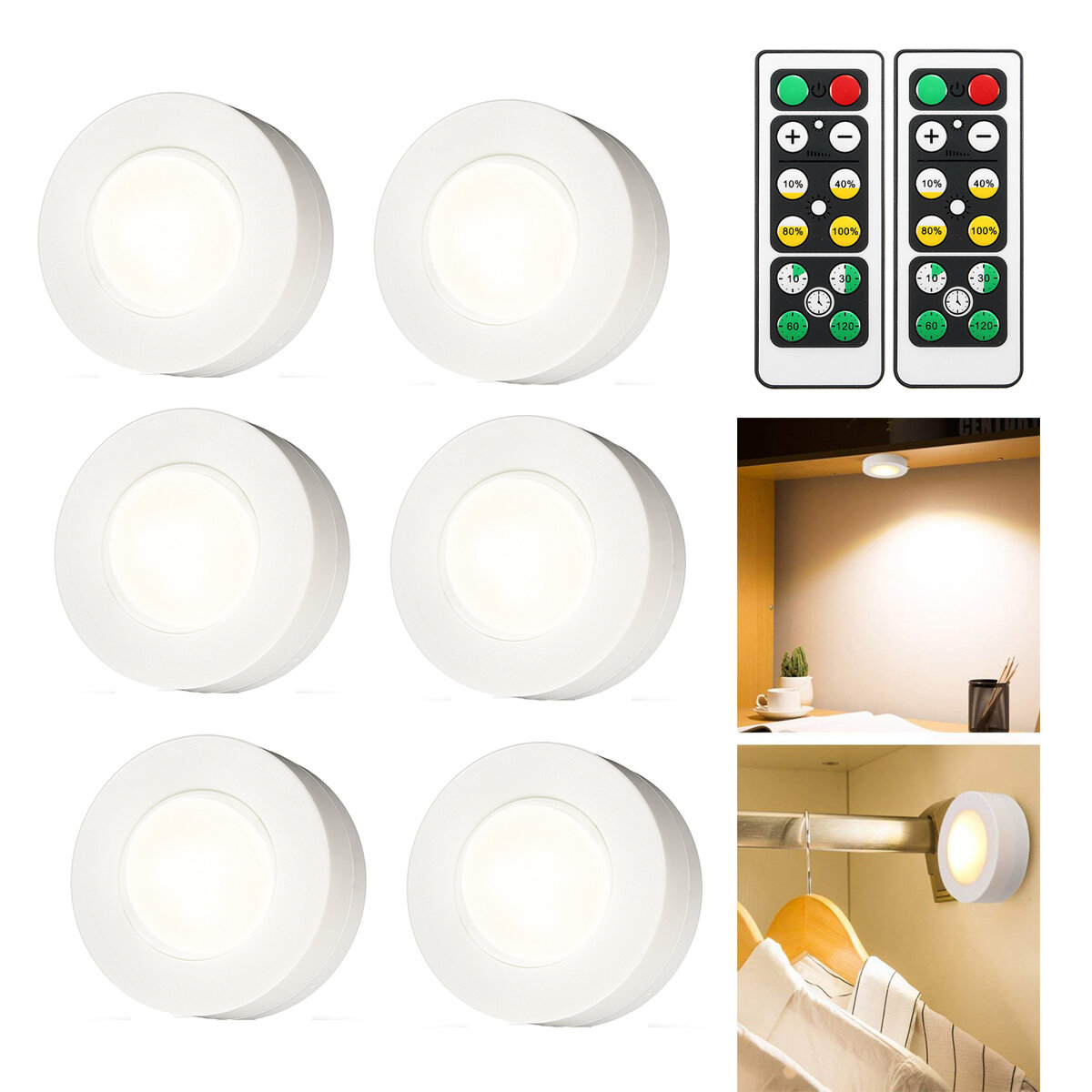 

6PCS Battery Powered LED Under Cabinet Kitchen Counter Night Light + 2 Wireless Remote Control