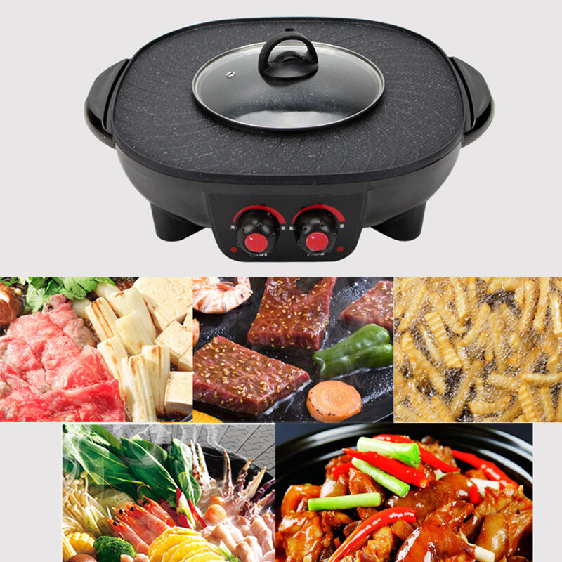 2 in 1 Electric Hot Pot Barbecue Grill Non-Stick Smokeless Baking Pan Cooking 