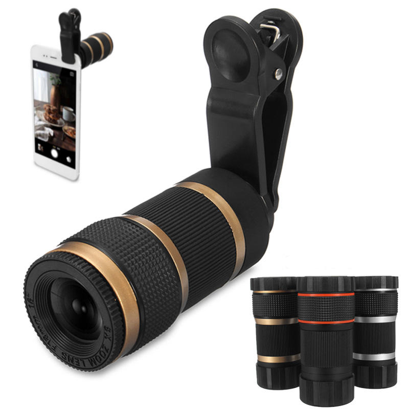 Práctico objetivo móvil de telescopio óptico de 8 aumentos con clip para fotógrafos de teléfonos inteligentes.