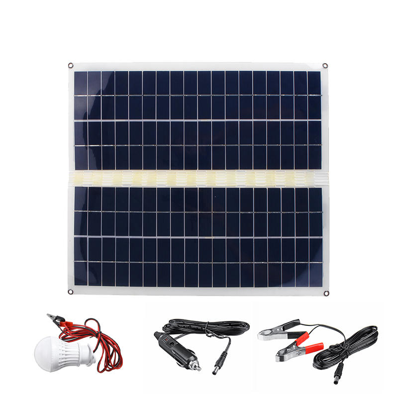 Système de panneau solaire pliable de 30W avec double USB et DC 12V/5V + chargeur de voiture + pince crocodile + ampoule de lampe de camping