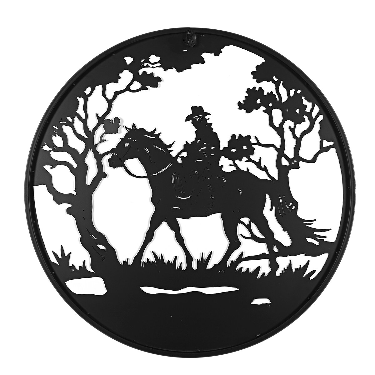 Man Riding Horse In Forest Round Black Metal Wall Hanging Art Decoration Room
