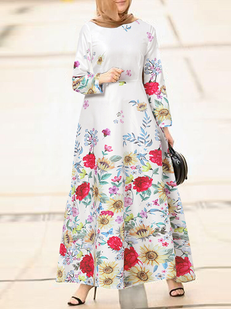 

Женщины с цветочным принтом круглые Шея с длинным рукавом кафтан качели макси платья