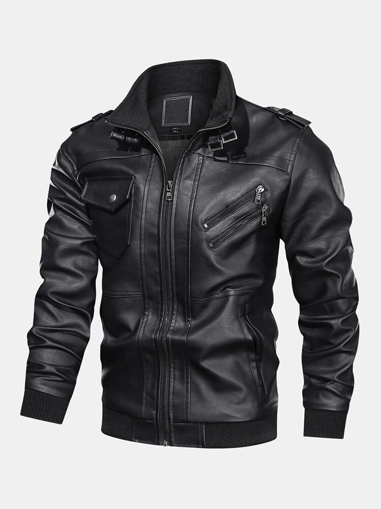 

Mens Solid Color PU Leather Zip Front Biker Jackets With Multi Pockets