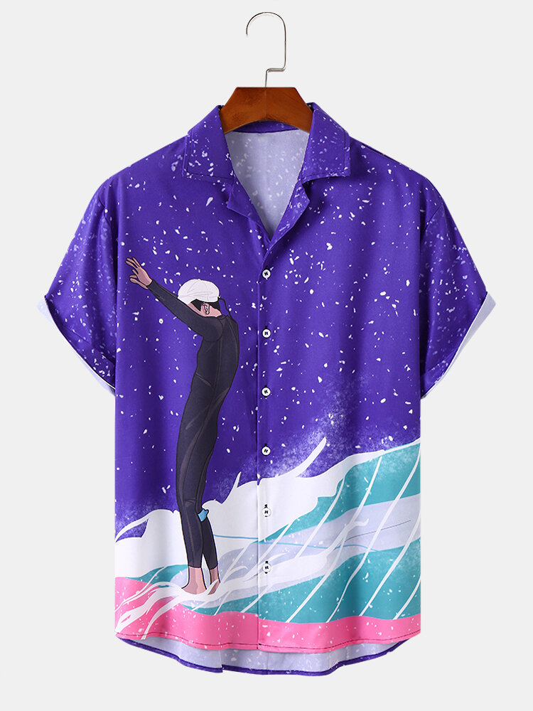 Mens Surf Riding Boy Pattern Revere Collar Buttons Shirts