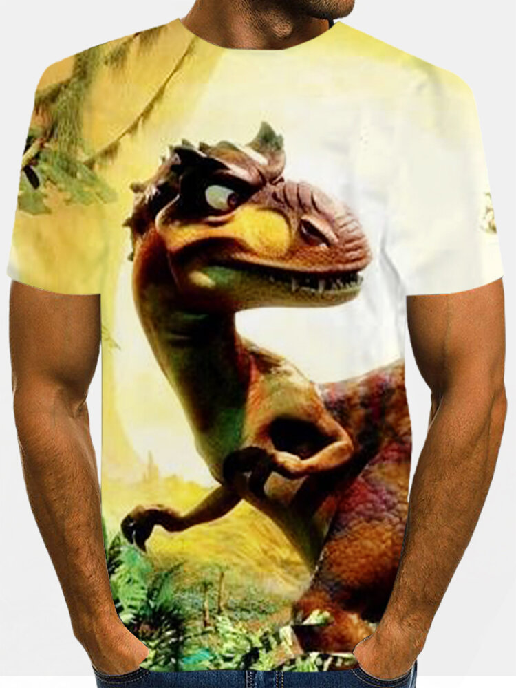 Heren 3D cartoon dinosaurus print ronde hals casual korte mouw T-shirts