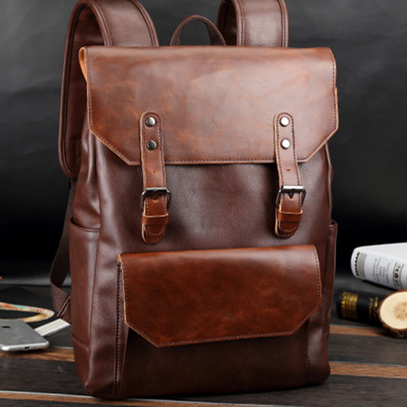 Unisex PU Leather Large Capacity Travel Backpack Vintage Laptop Bag