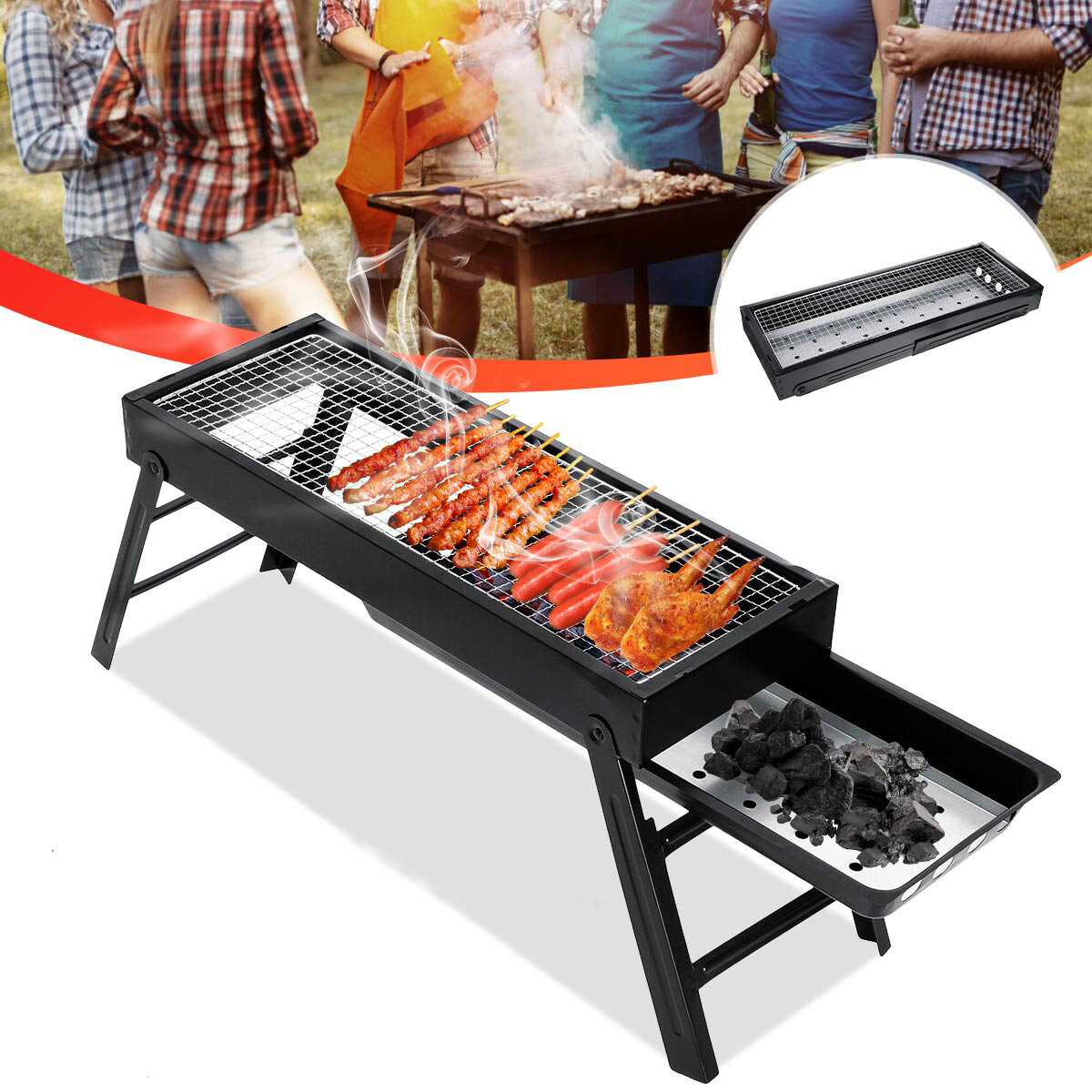 Składany grill BBQ z żelaza o wymiarach 60x23x33cm, grill węglowy, kuchenka na zewnątrz do gotowania na kempingu i pikniku