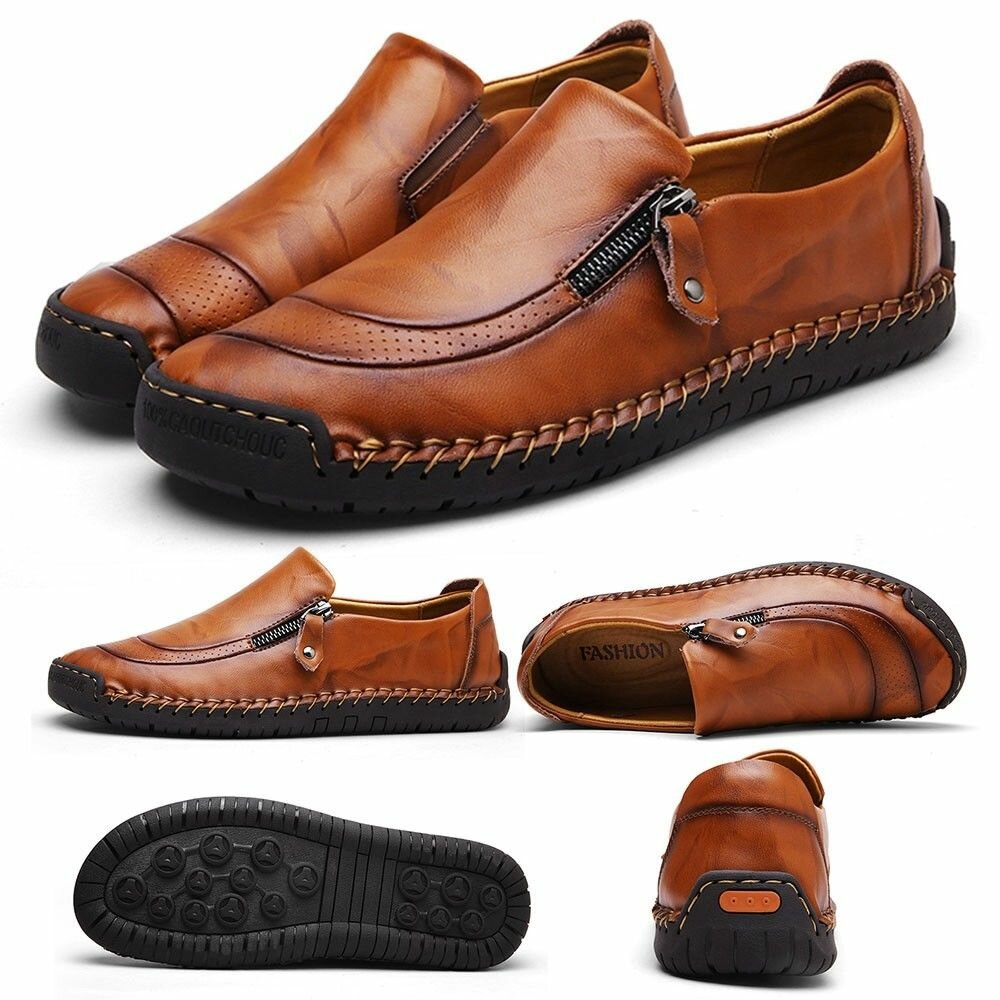 Moda masculina sapatos casuais de couro com zíper mocassins respiráveis antiderrapantes