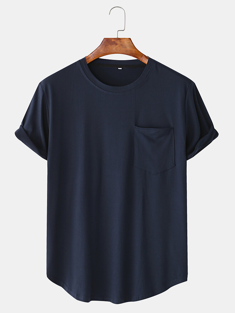 Image of Mnner lssig lose einfarbig Patchwork Tasche Rundhalsausschnitt T-Shirts mit Rundhalsausschnitt