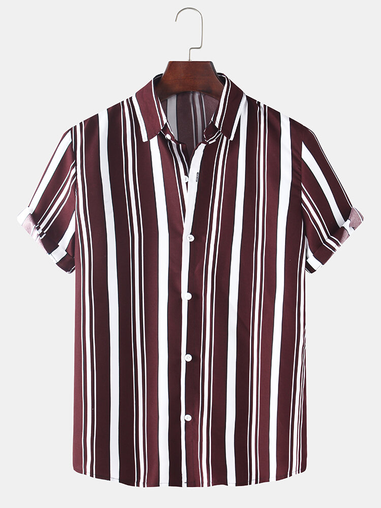 Vertical Stripes Short Sleeve Lapel Collar Mens Holiday Casual Shirts