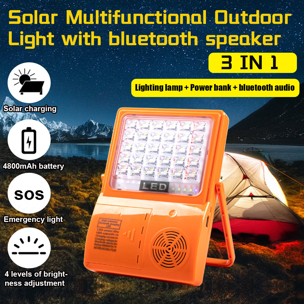 Multifunctionele Outdoor LED Solar Light Portable Verstelbare 4800mAh 4 Niveaus Bluetooth Speaker La