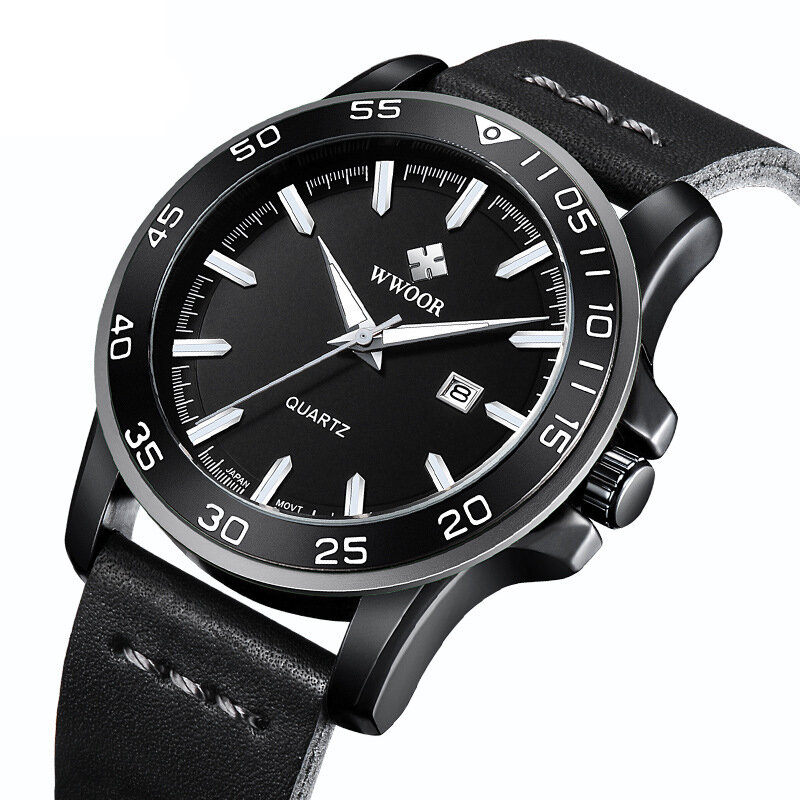 

WWOOR 8834 Date Display Casual Style 5ATM Waterproof Men Watch Leather Band Quartz Watch