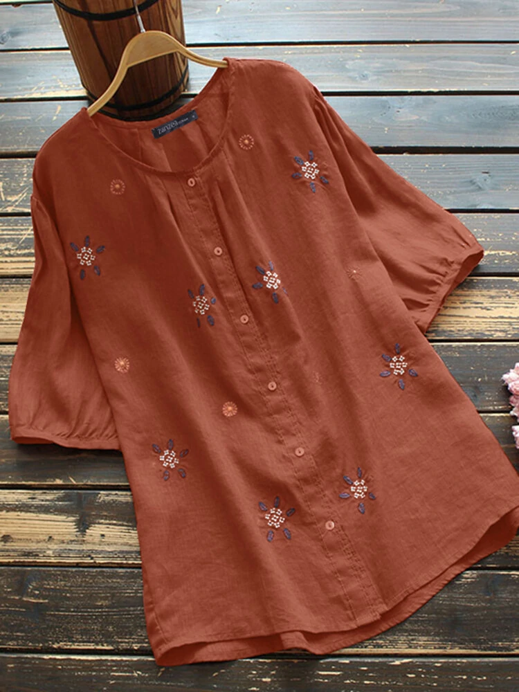 Embroidered button round neck short sleeve casual cotton blouse