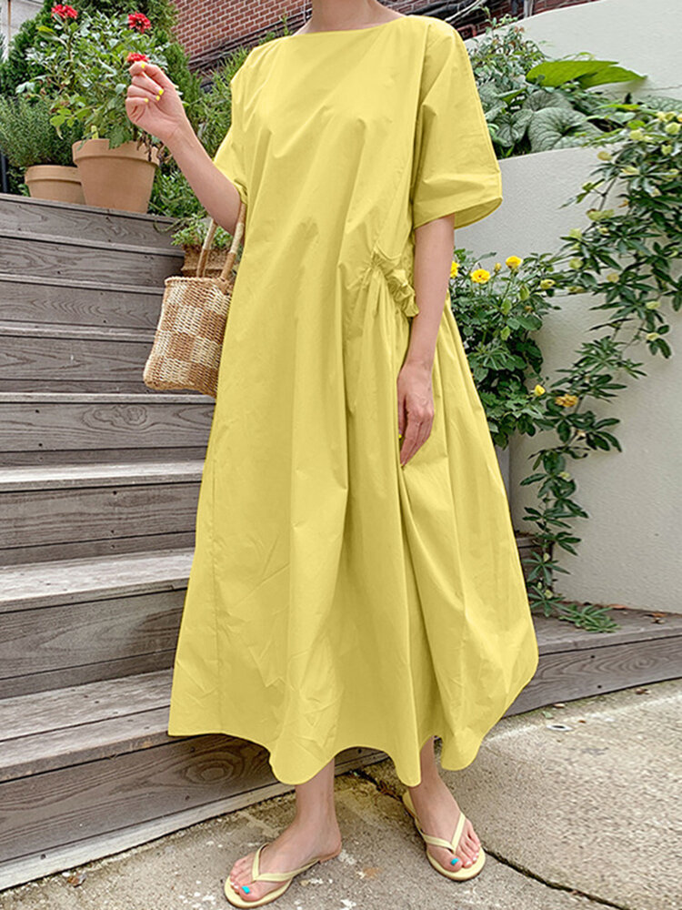 Casual Solid Color Round Neck Pleated Pocket Plain Maxi Dress