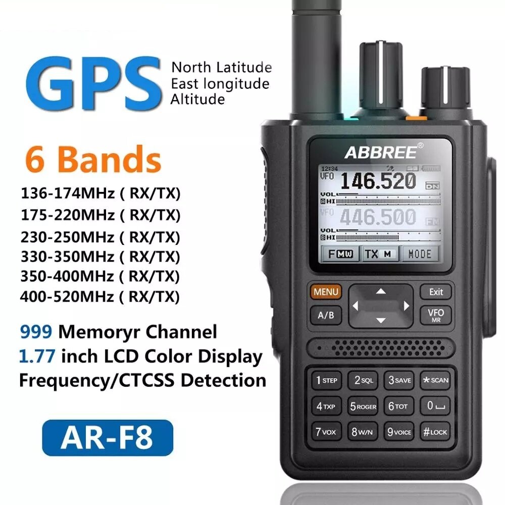 ABBREE AR-F8 GPS Walkie Talkie High Power 6 merken 136-520MHz Frequentie CTCSS DNS-detectie LED-display