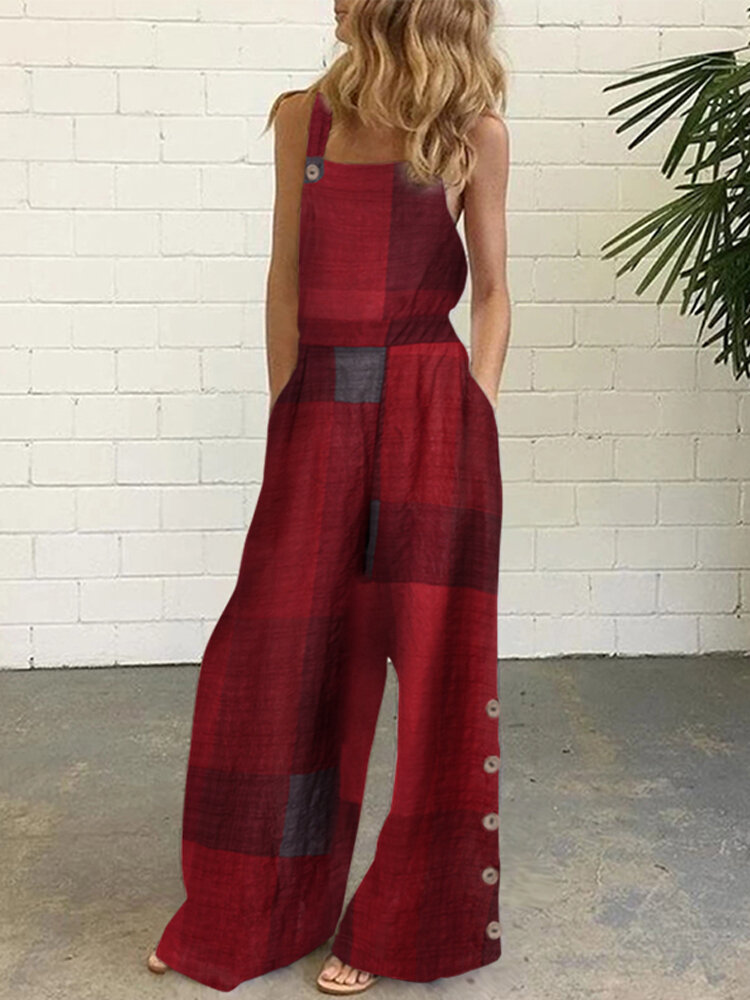 Women Plaid Sleeveless Side Button Wide-Leg Casual Jumpsuits With Pocket