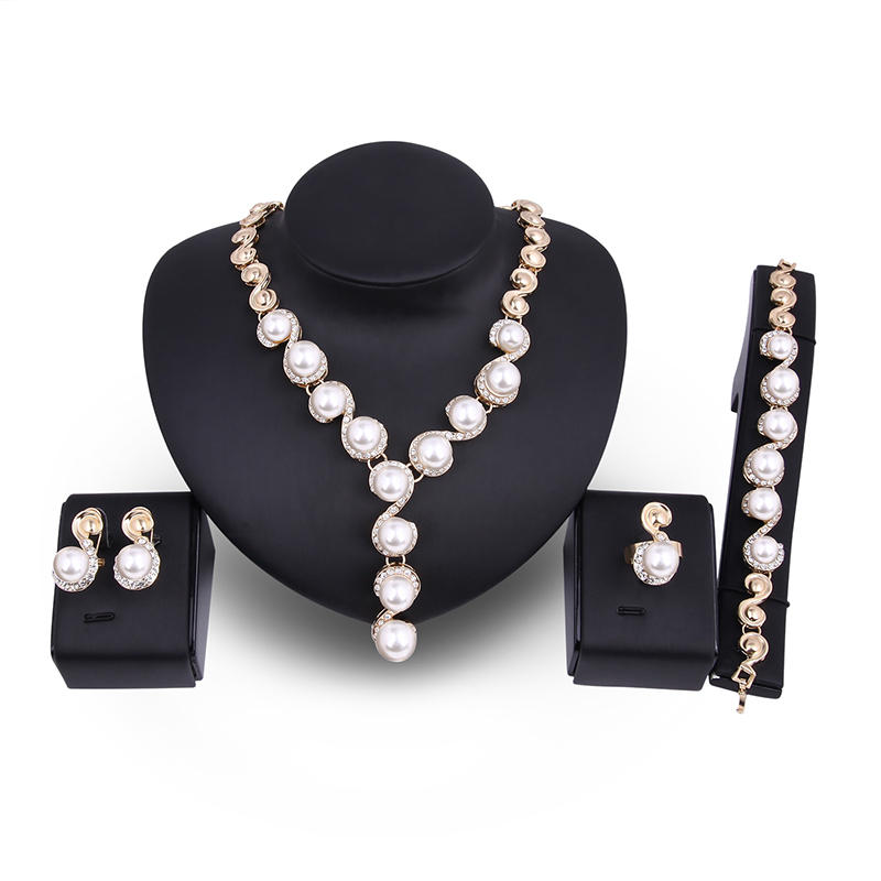 

18K позолоченный ожерелье Pearl Серьги Кольцо Rhinestone Свадебное Набор для ювелирных изделий для Женское