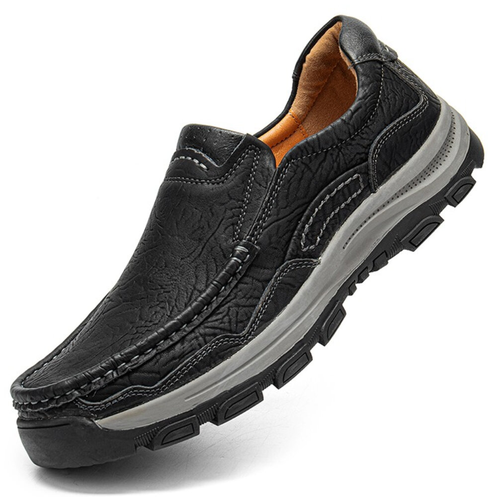Men Cowhide Leather Breathable Soft Sole Comfy Slip On Outdoor Sports Casual Shoes