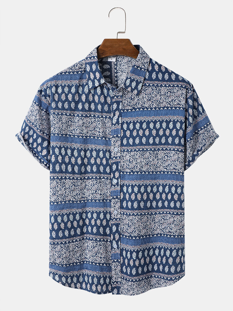 Mens Paisley Print Button Front Ethnic Style Short Sleeve Shirts