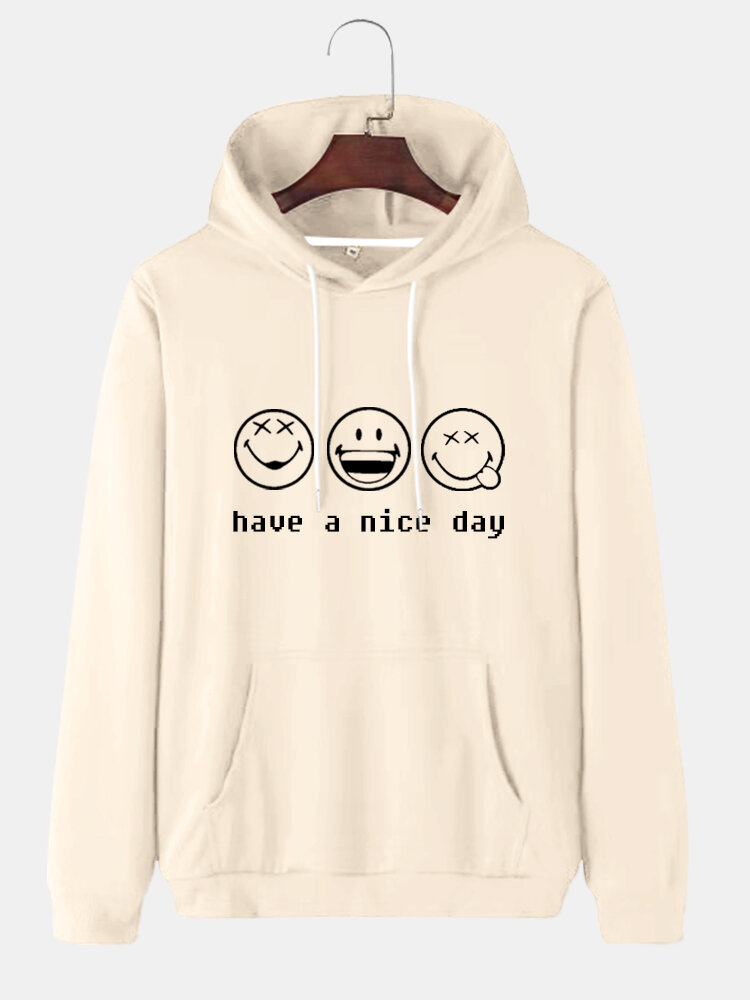 Heren Cartoon Smile Face Slogan Print Katoenen hoodies met trekkoord over het hoofd