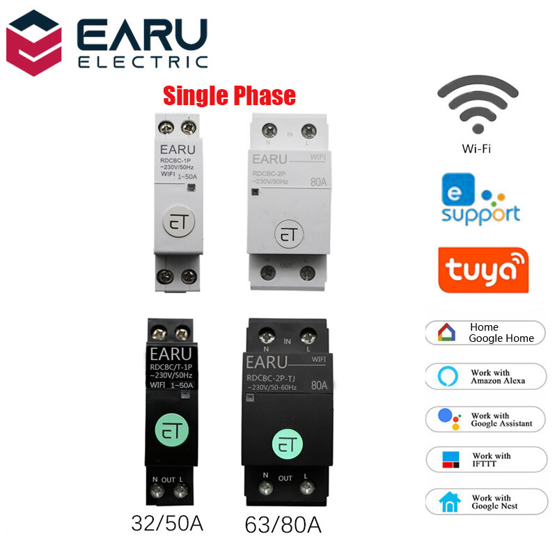 

EARU Smart Light Switch WIFI 63/80A Single Phase Circuit Breaker Timer Relay Switch Voice Remote Control Works With Tuya