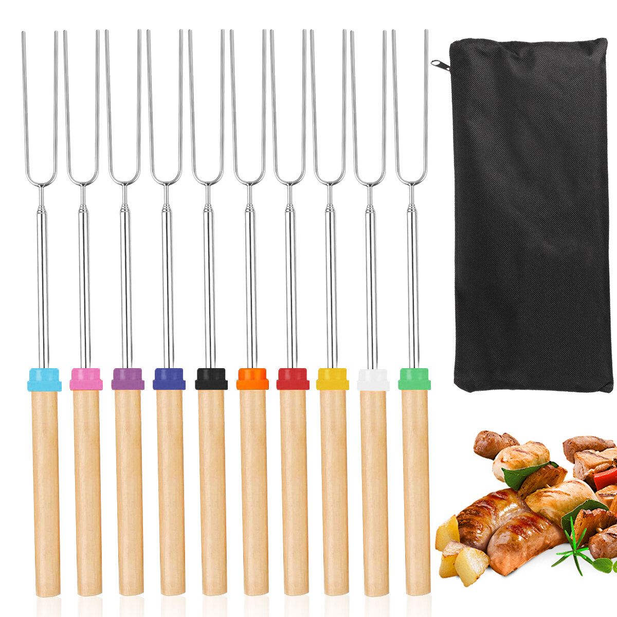 10x Wooden Handle Stainless Steel Meat Fork Barbecue Skewers Needle For Picnic 