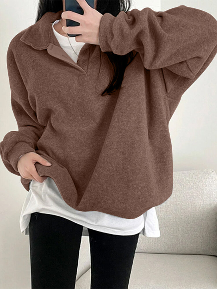 Solid Loose Lapel Drop Shoulder Long Sleeve Sweatshirt
