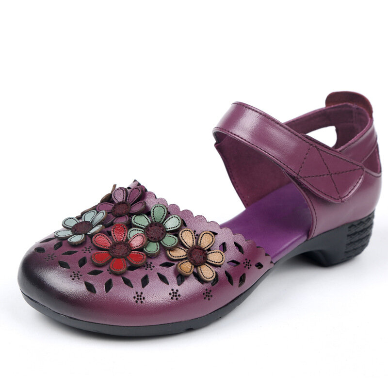 SOCOFY Colorful Decoratief bloemendecor van rundleer, ademende antislip-sandalen met klittenband