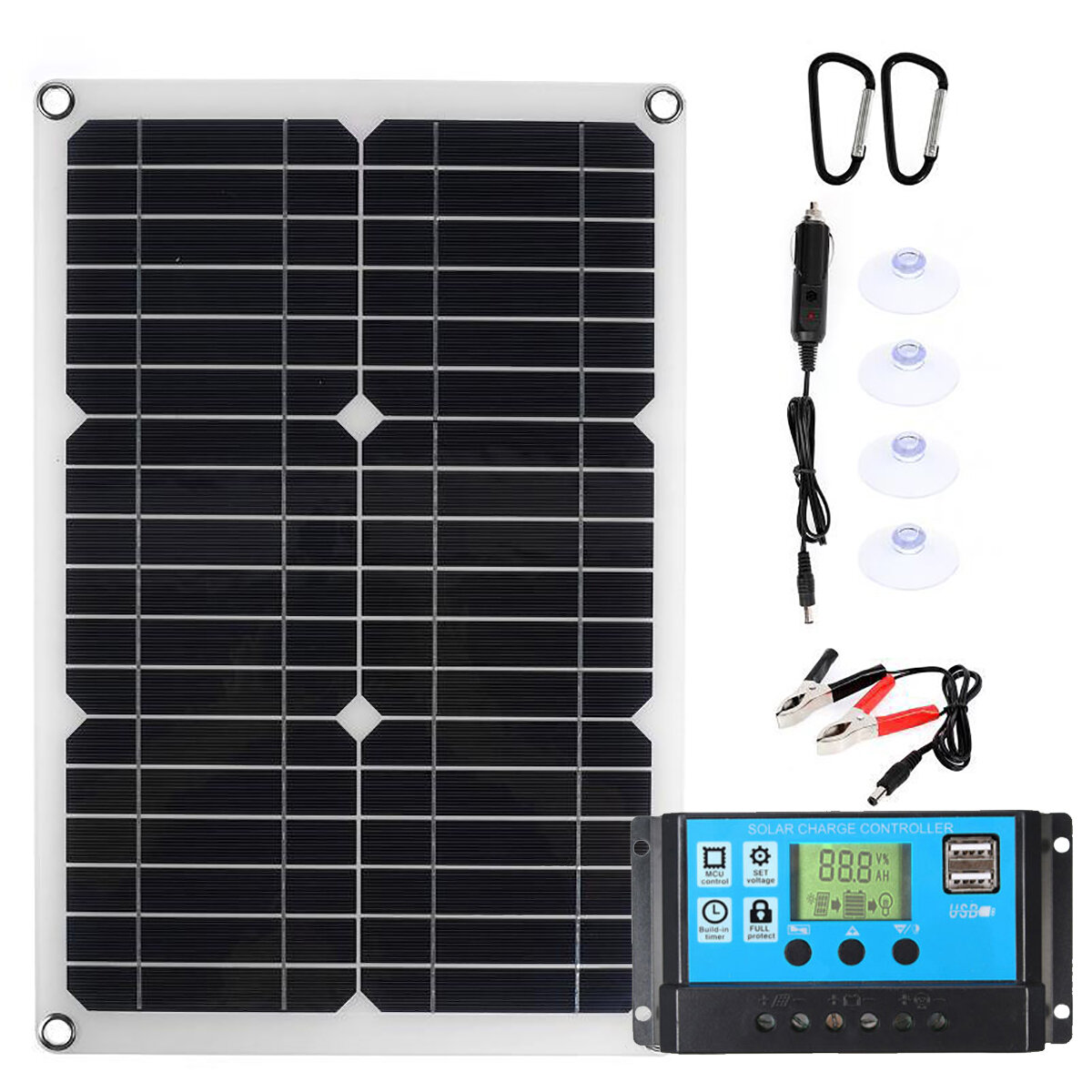 Panel solar portátil de 30W 18v, kit de carga fotovoltaica impermeable y multiusos con carga solar de emergencia para viajes al aire libre, camping, caravanas