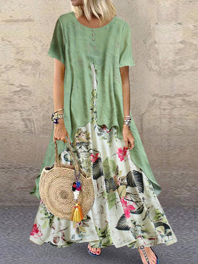 Vintage korte mouw O-hals print patchwork zak lange maxi-jurk voor dames
