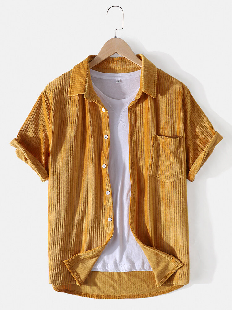 

Рубашки рукава Дизайн отворотом текстуры вельвета сплошного цвета людей короткие с карманом