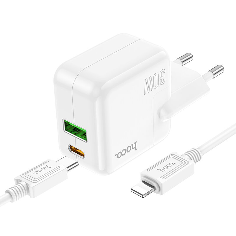 HOCO C111A Dual Port PD 30W QC3.0 Type-C + USB Fast Charging Wall Charger Adapter EU Plug With 1m Long Type-C to iP Cabl