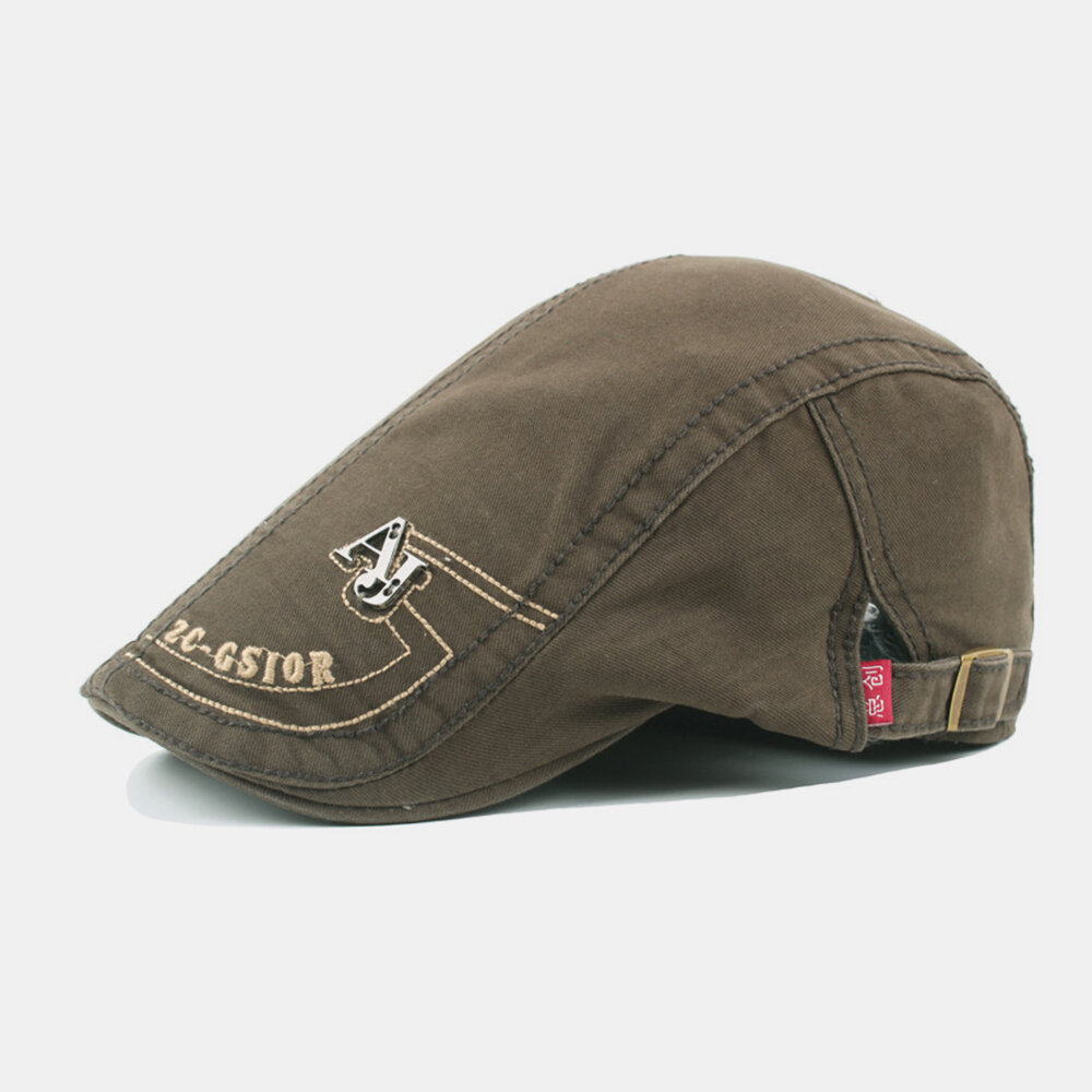 Men Cotton Embroidery Letter Metal Badge Casual Adjustable Flat Hat Beret Hat Forward Hat